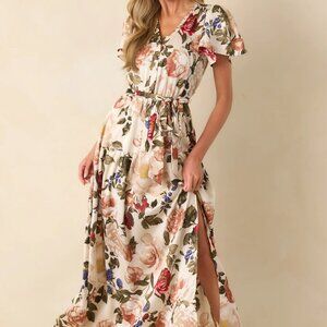 NWT! Staying True Ivory Multi Floral Print Satin Maxi Dress